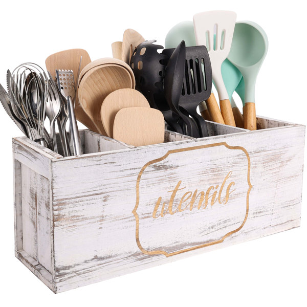 Suli Extra Large Kitchen Utensils Holder With 4 Copartents, Wooden